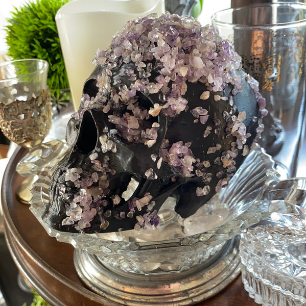 Small Black Enviro Skull Encrusted w/ Amethyst