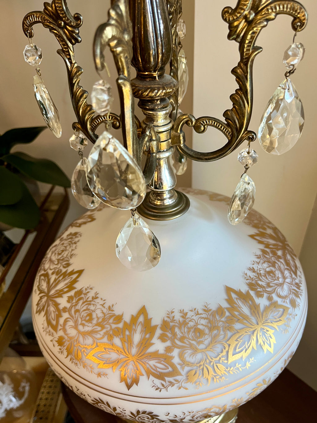 Vintage French Opaline Lamp w/ Gold Filigree & Marble Base