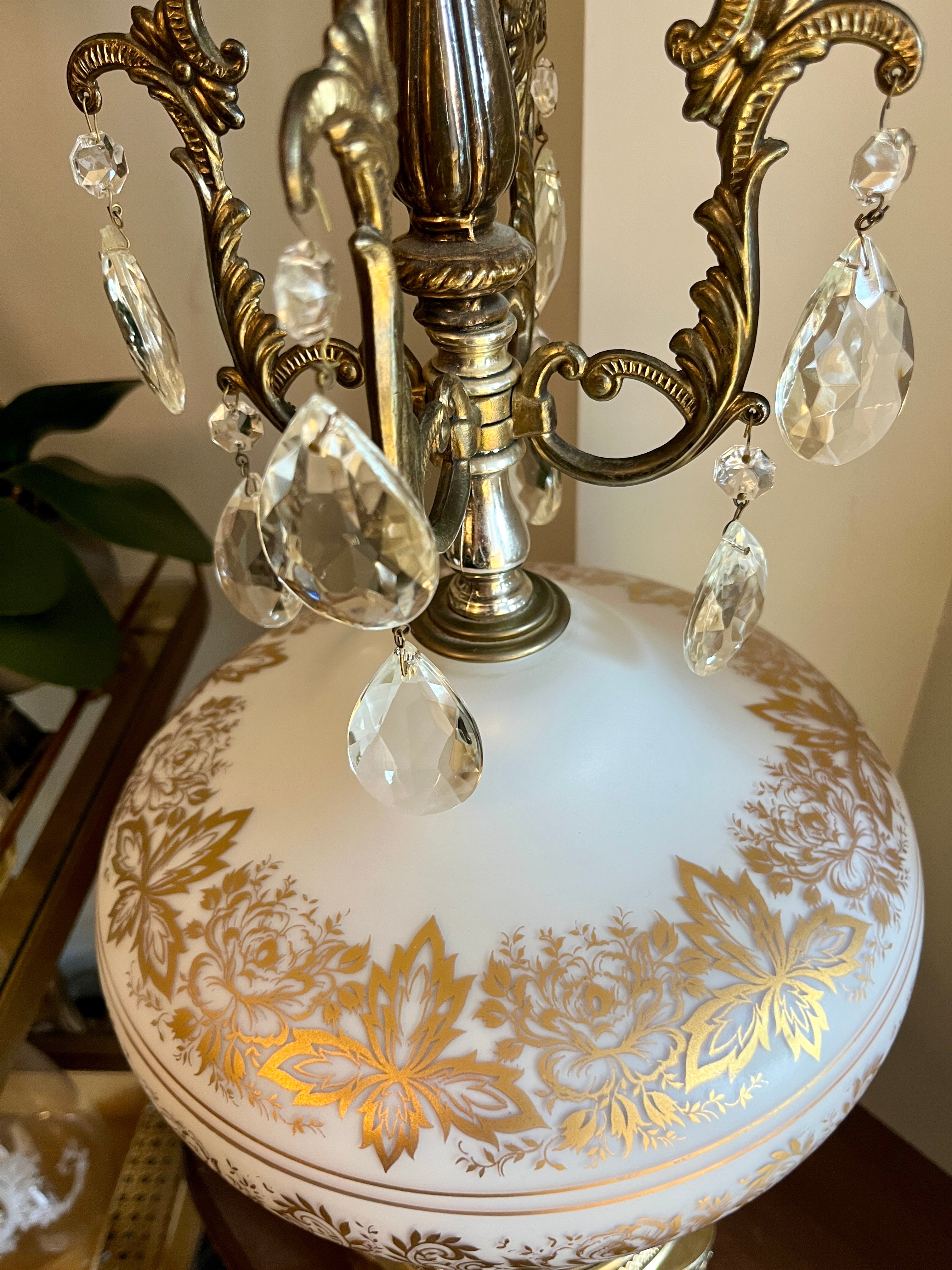 Vintage French Opaline Lamp w/ Gold Filigree & Marble Base