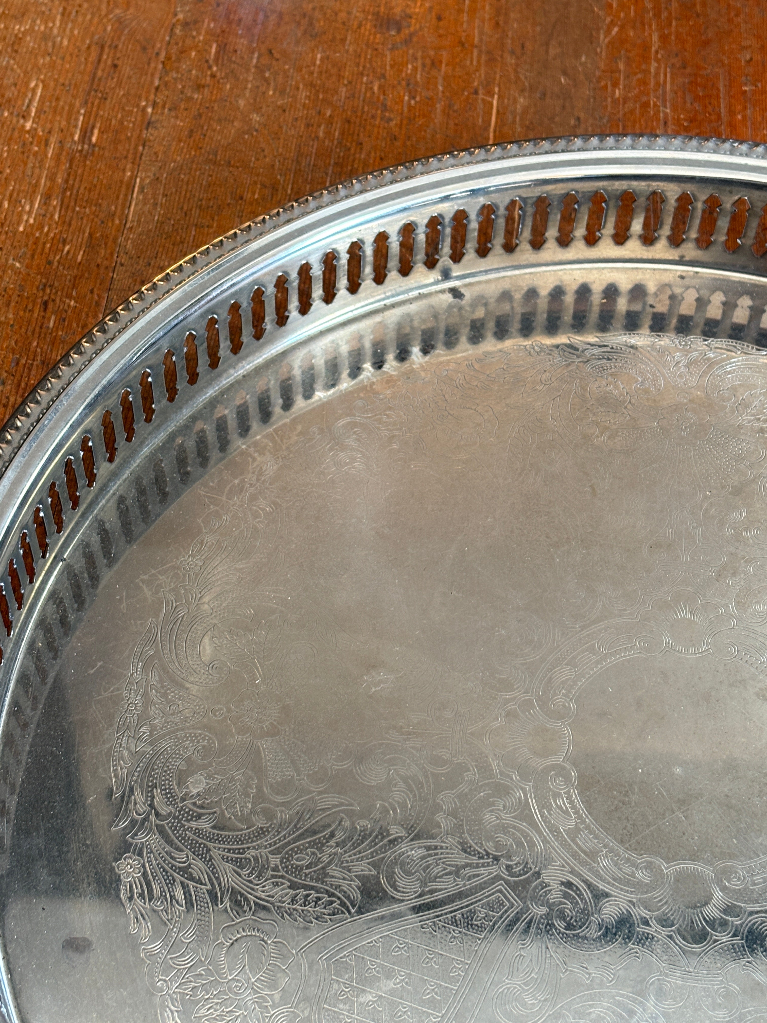 Vintage Silver-Plated Offering Tray – 12” Footed Gallery Tray