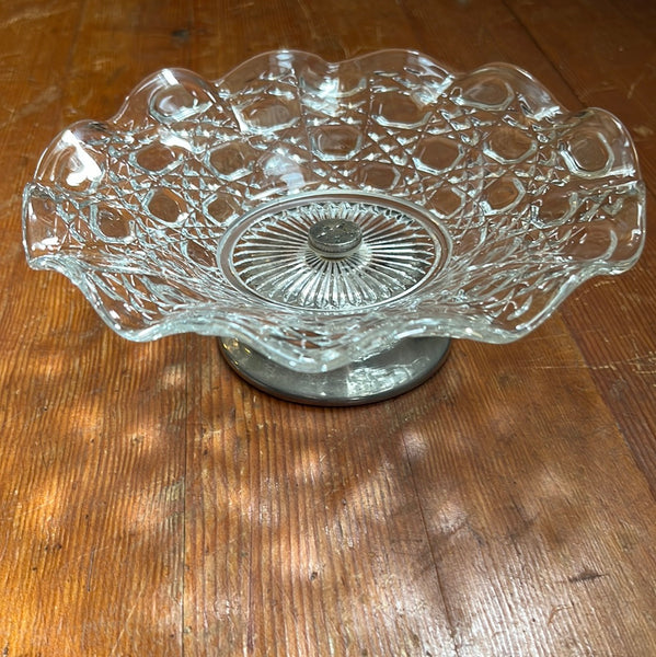 Vintage Silver Plated Falstaff Scalloped Pressed Glass Pedestal Dish