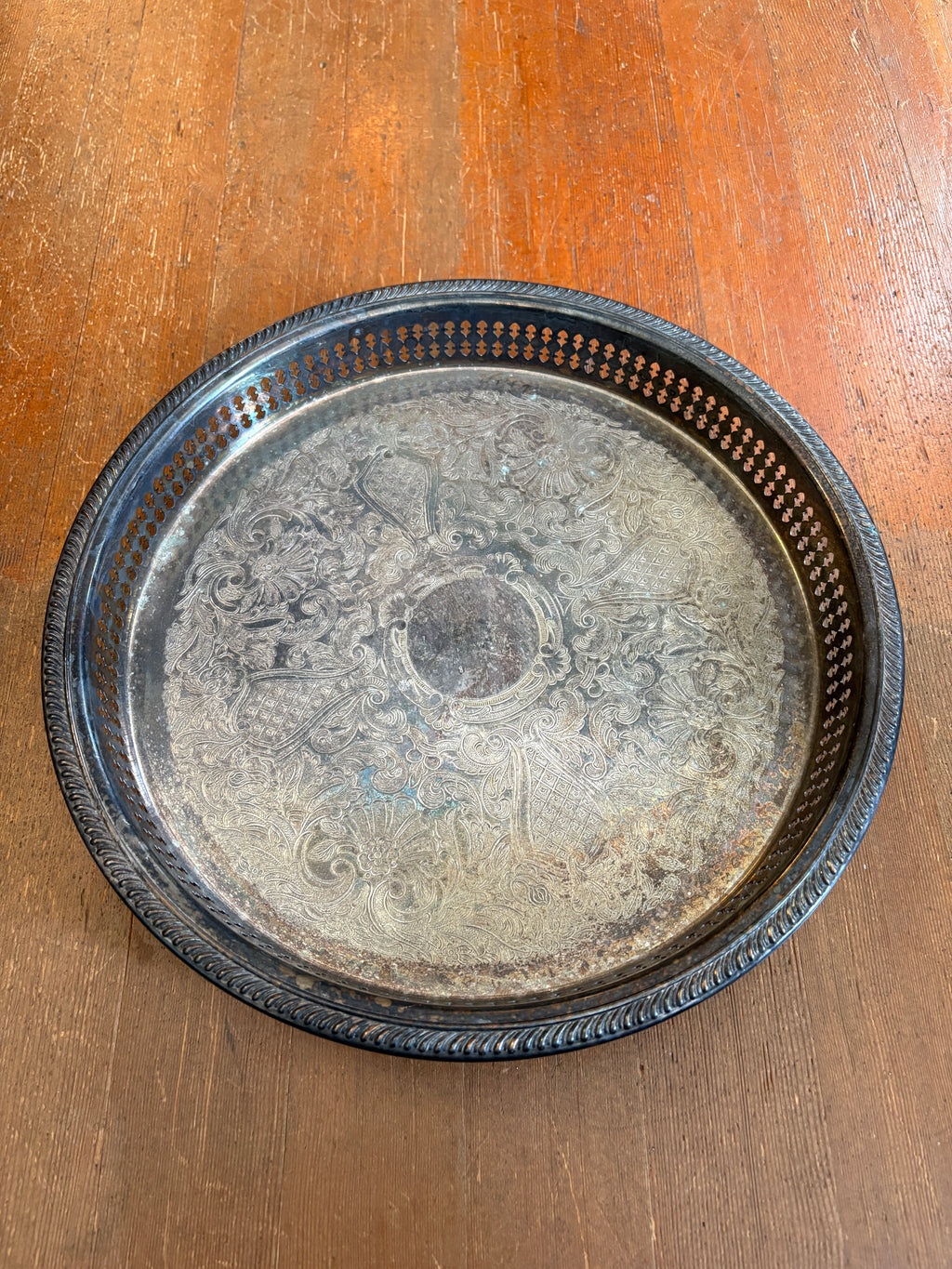 Vintage Silver-Plated Offering Tray – 12” Footed Gallery Tray