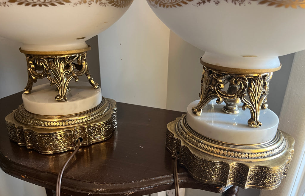 Vintage French Opaline Lamp w/ Gold Filigree & Marble Base