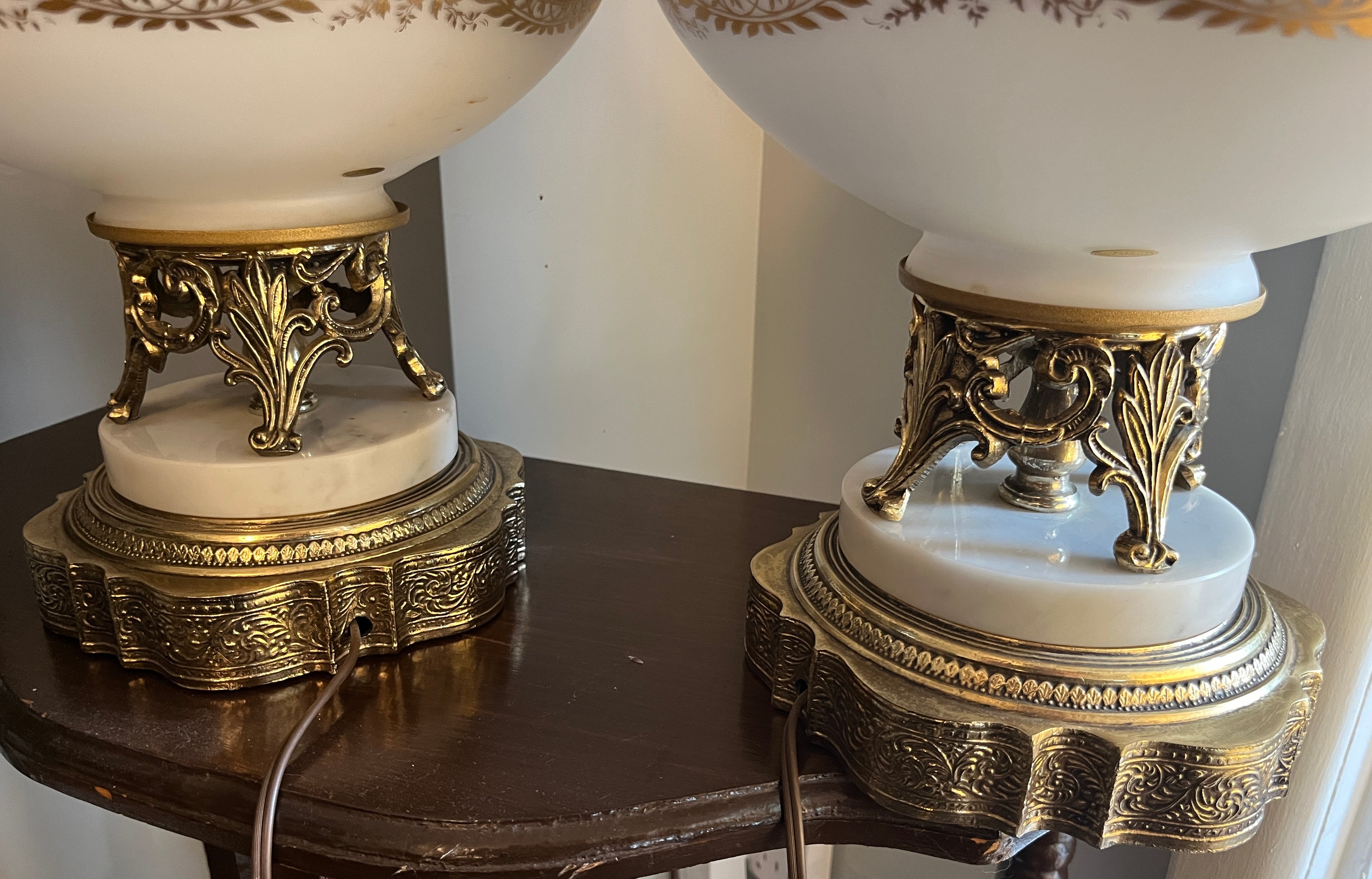 Vintage French Opaline Lamp w/ Gold Filigree & Marble Base