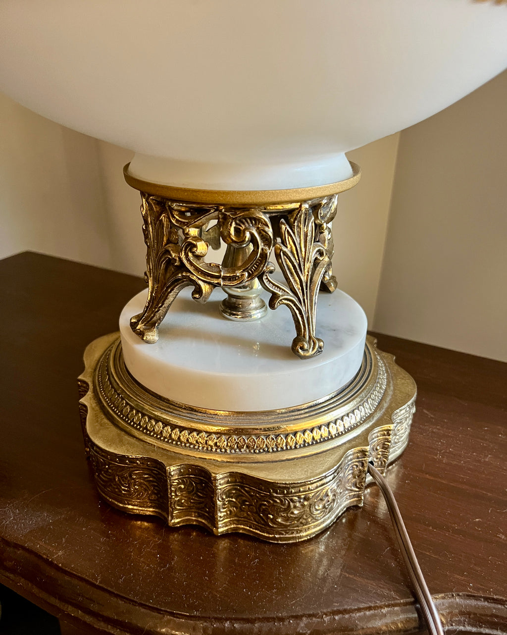 Vintage French Opaline Lamp w/ Gold Filigree & Marble Base
