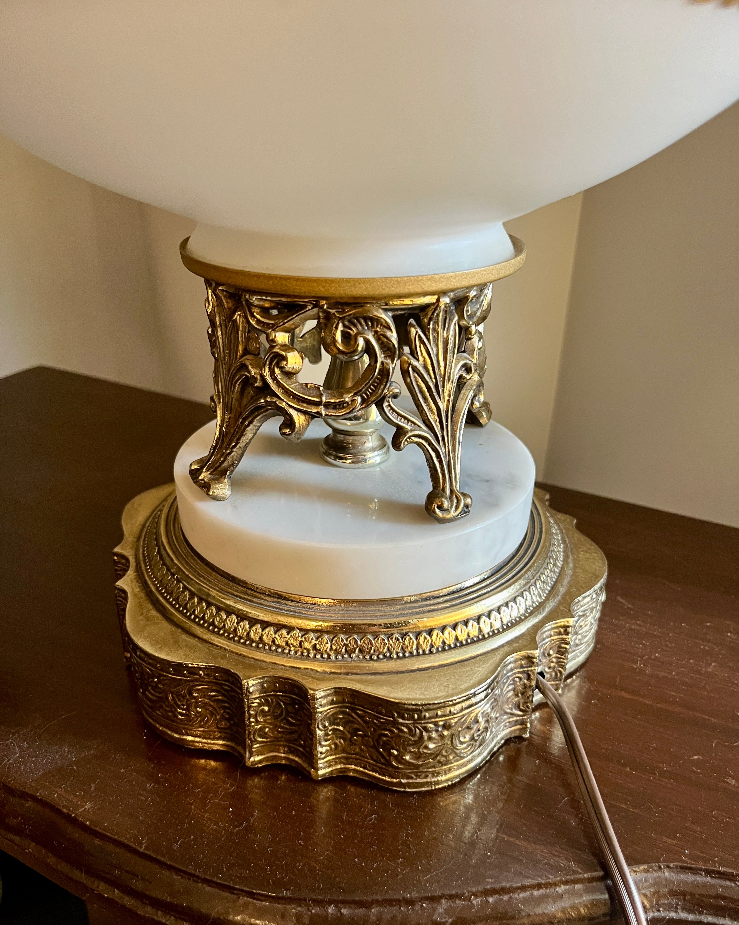 Vintage French Opaline Lamp w/ Gold Filigree & Marble Base
