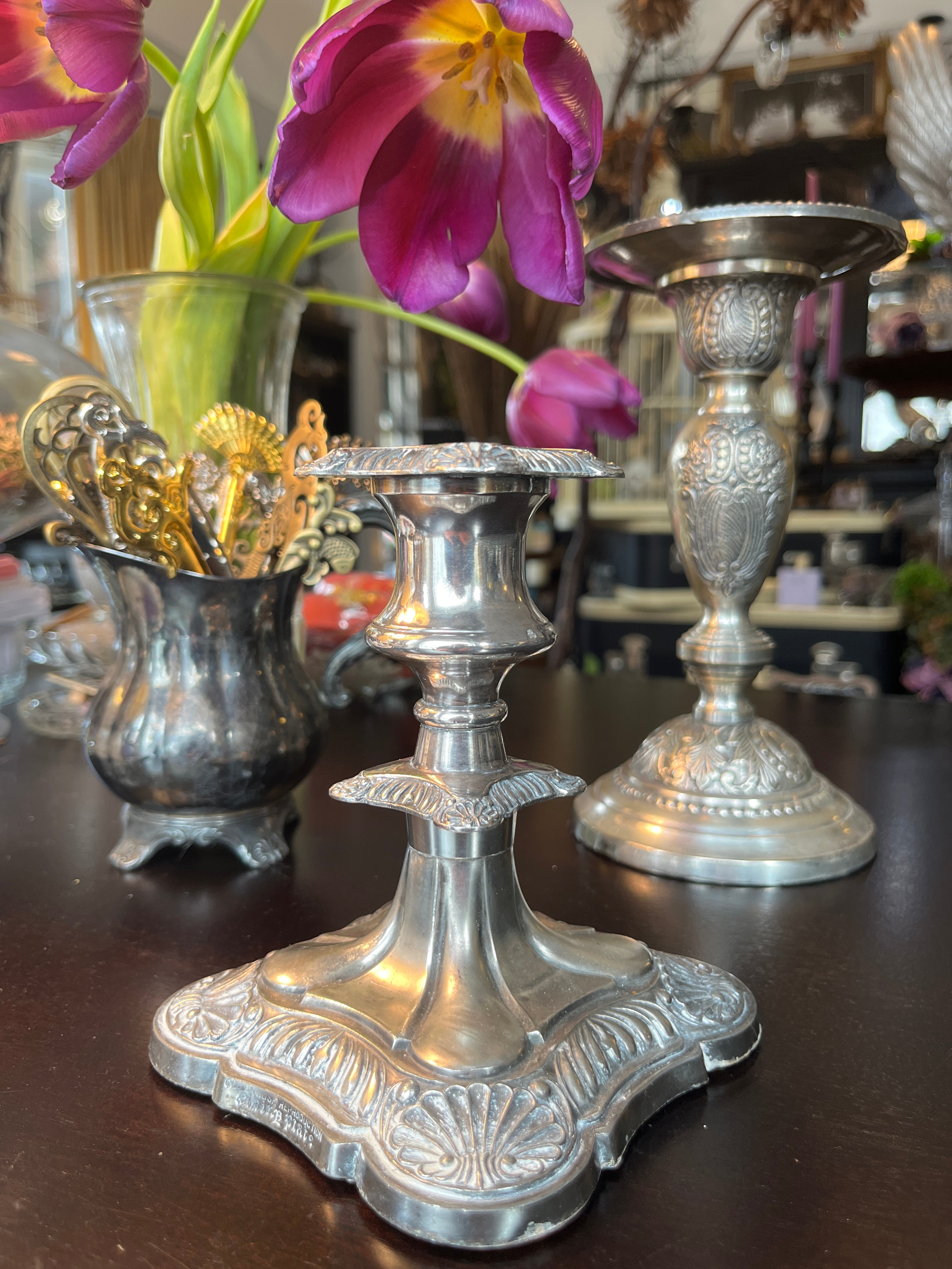 Vintage Ornate Silver Plated Candle Stick 8.25”
