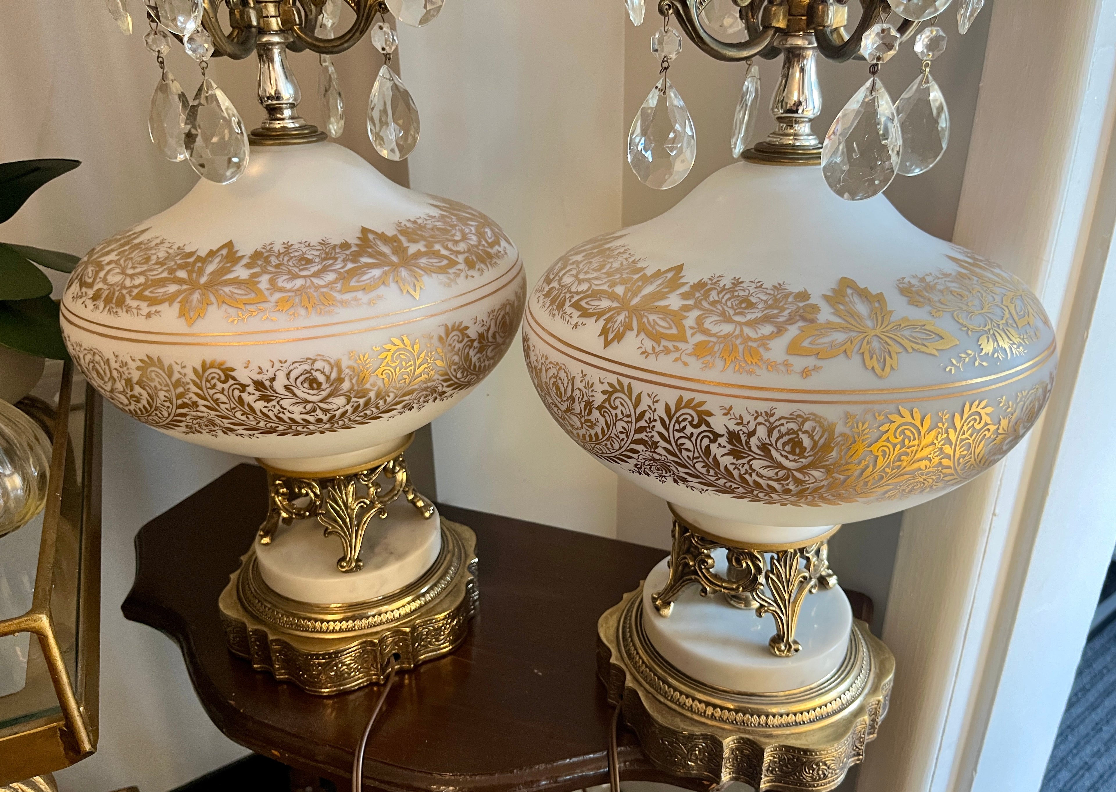 Vintage French Opaline Lamp w/ Gold Filigree & Marble Base