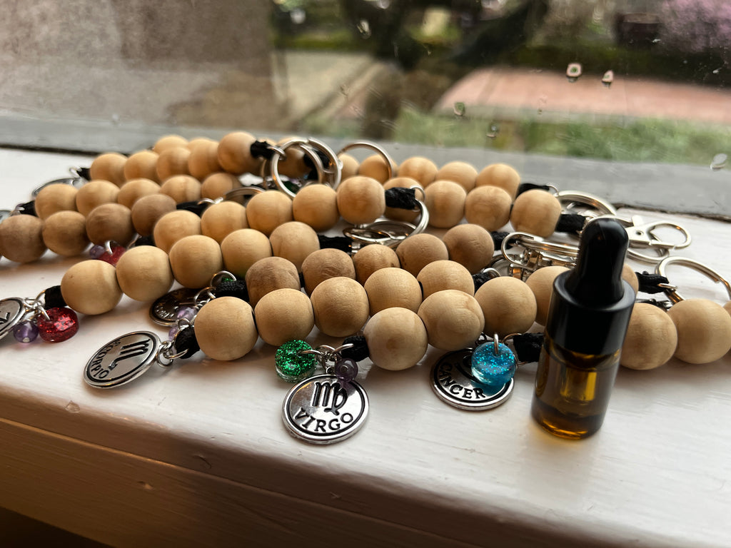 Wooden Zodiac Keychain w/ Amethyst
