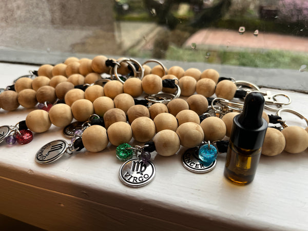Wooden Zodiac Keychain w/ Amethyst