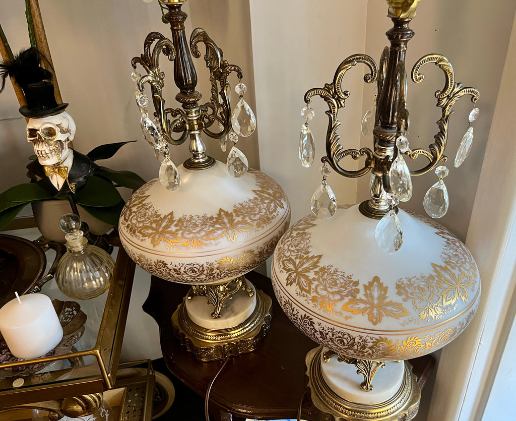 Vintage French Opaline Lamp w/ Gold Filigree & Marble Base