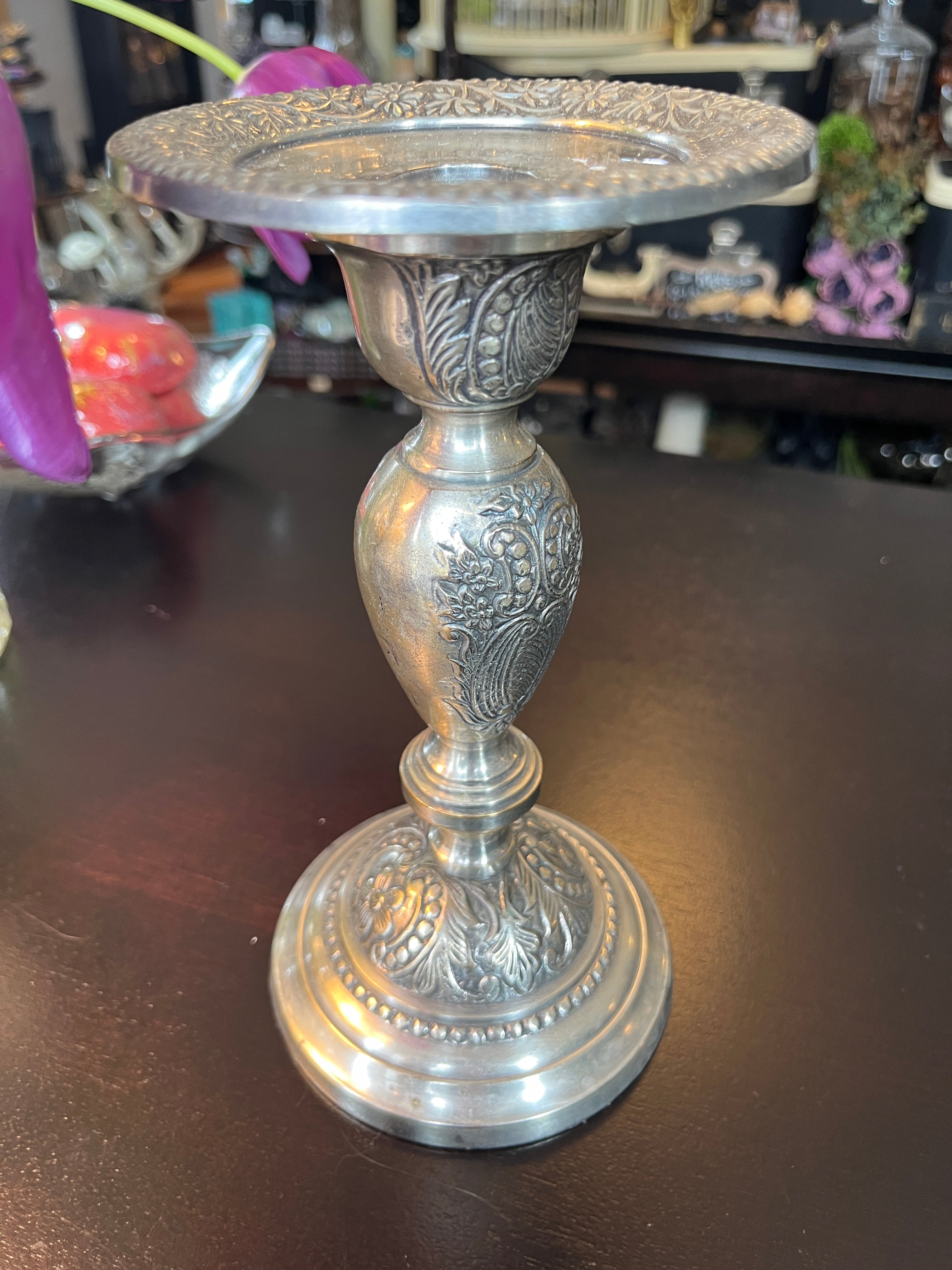 Vintage Ornate Silver Plated Candle Stick 8.25”