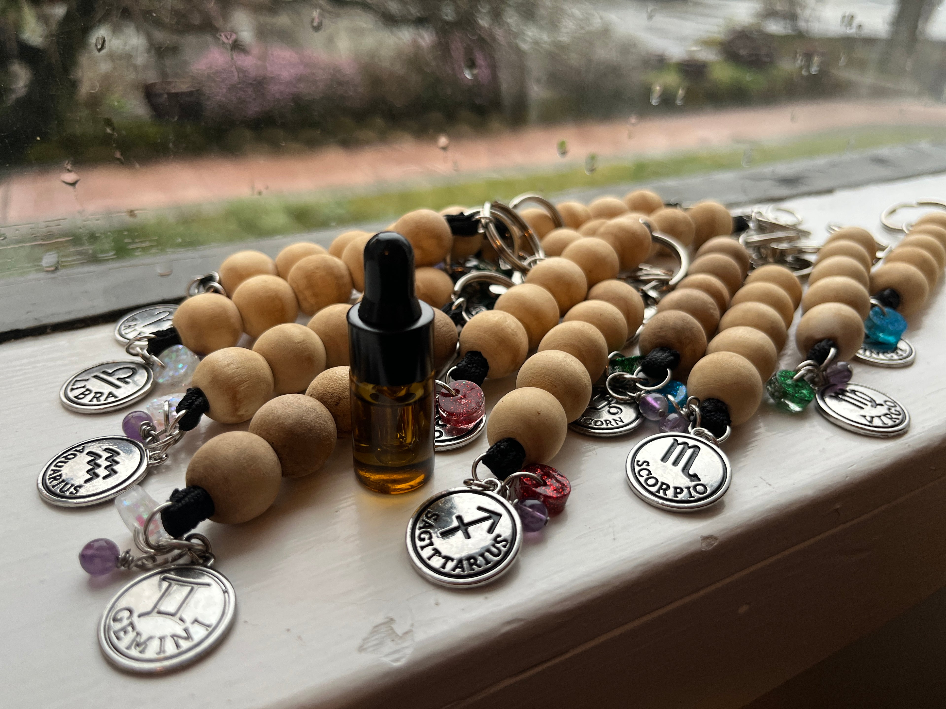 Wooden Zodiac Keychain w/ Amethyst