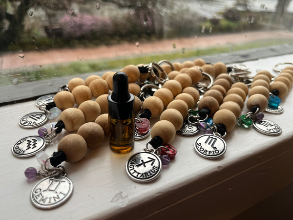 Wooden Zodiac Keychain w/ Amethyst