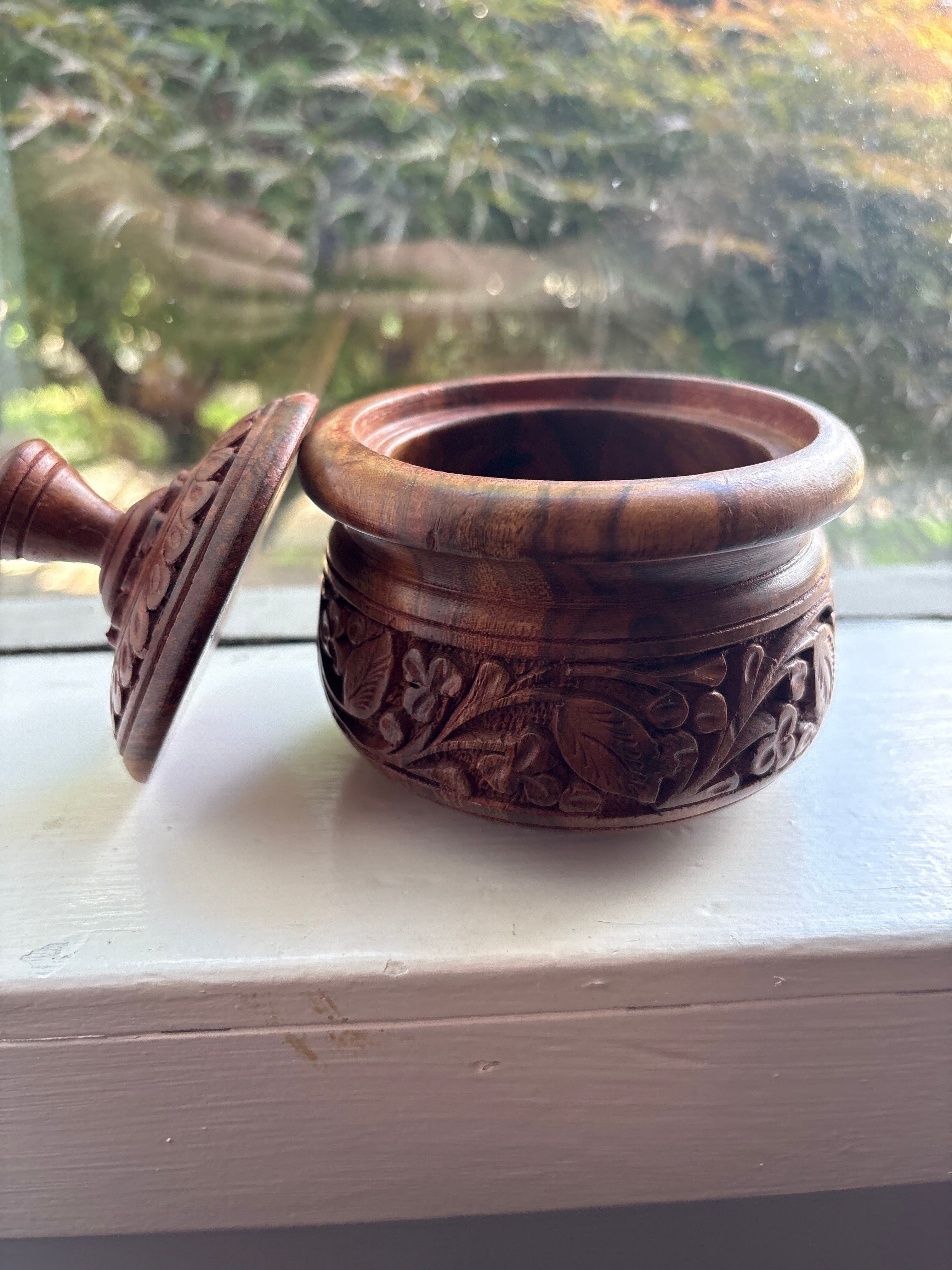 Vintage Hand-Carved Sheesham Wood Apothecary Jar