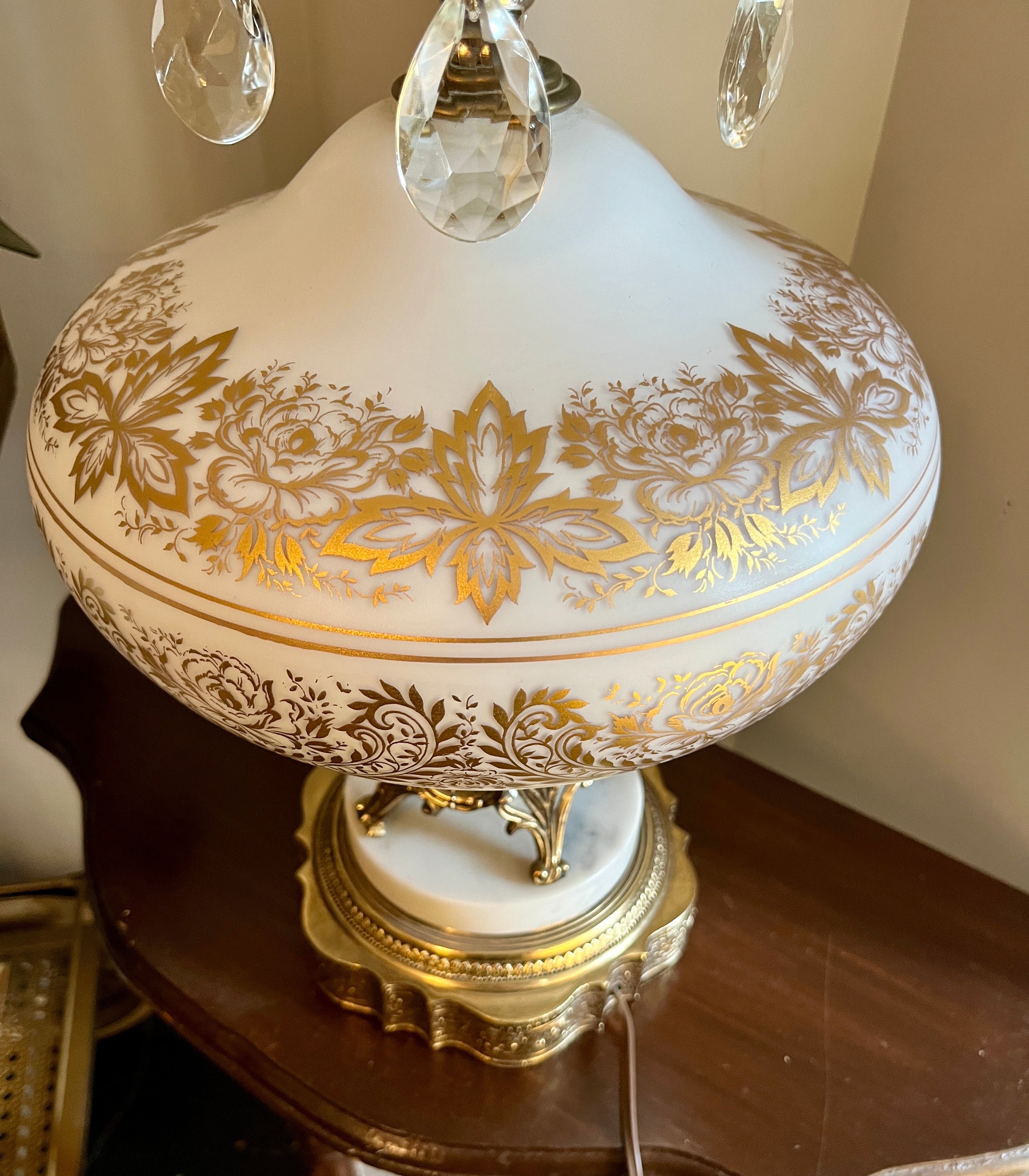 Vintage French Opaline Lamp w/ Gold Filigree & Marble Base