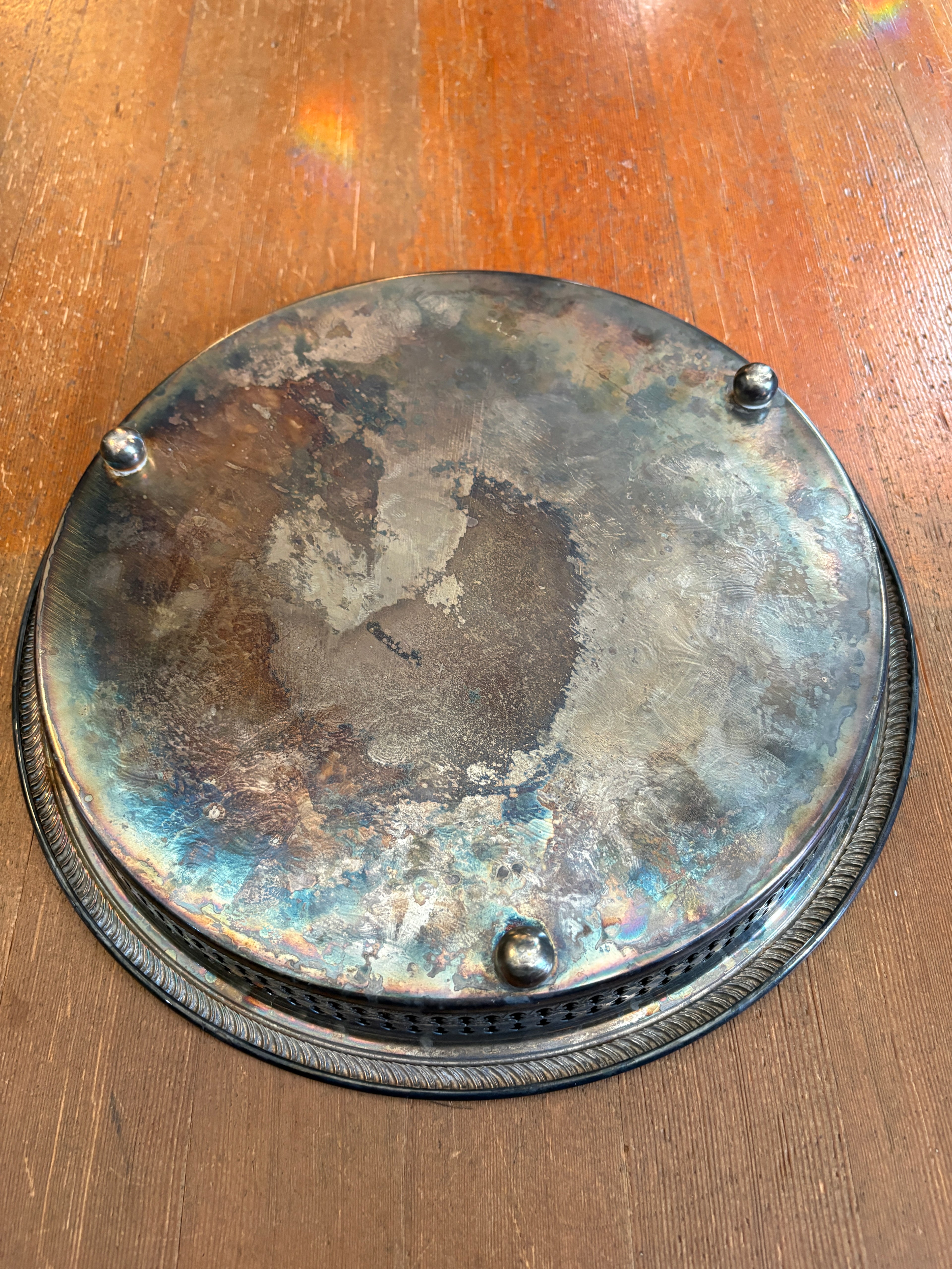 Vintage Silver-Plated Offering Tray – 12” Footed Gallery Tray