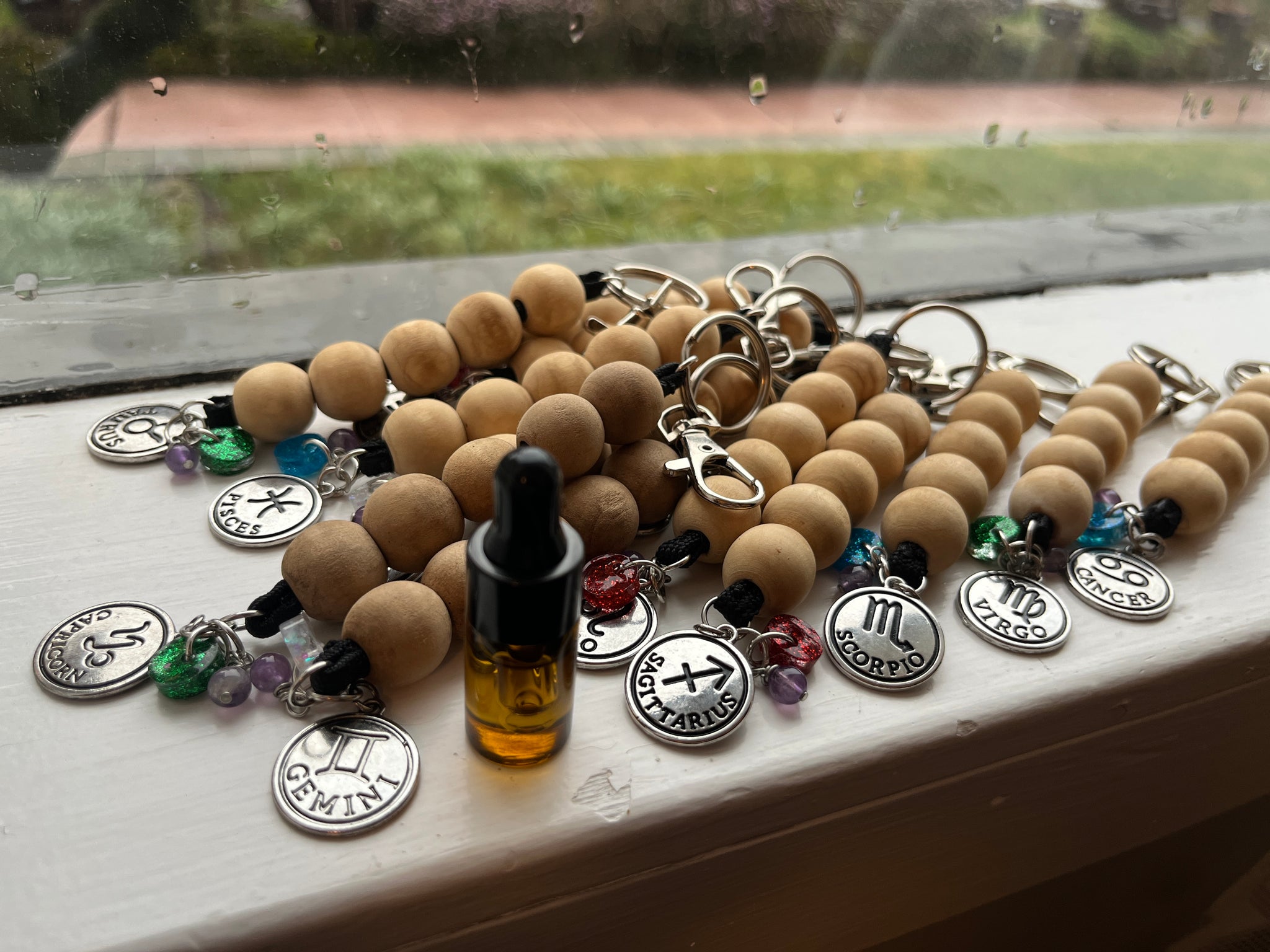 Wooden Zodiac Keychain w/ Amethyst
