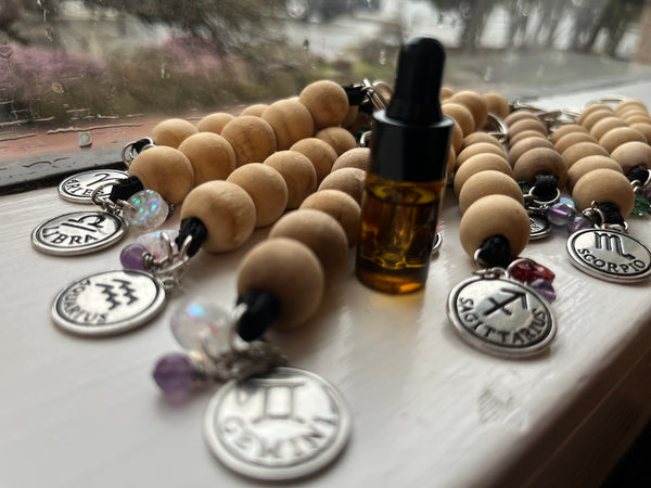 Wooden Zodiac Keychain w/ Amethyst