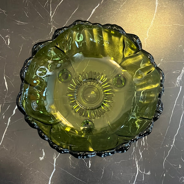 Vintage Indiana Glass Company Avocado Sunflower footed bowl