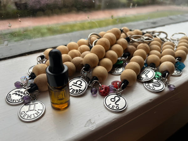 Wooden Zodiac Keychain w/ Amethyst