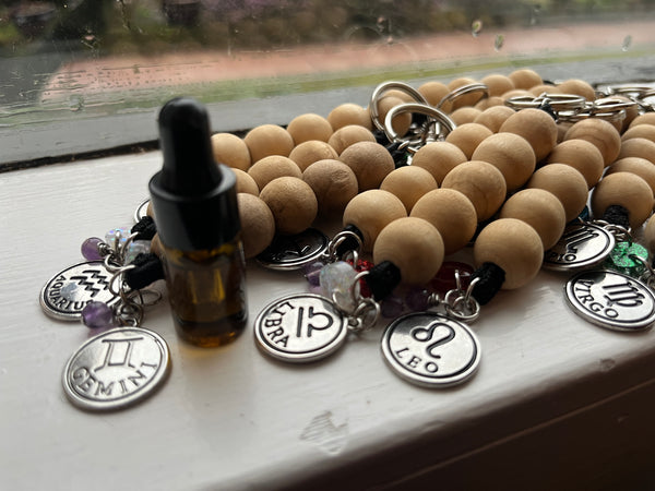 Wooden Zodiac Keychain w/ Amethyst
