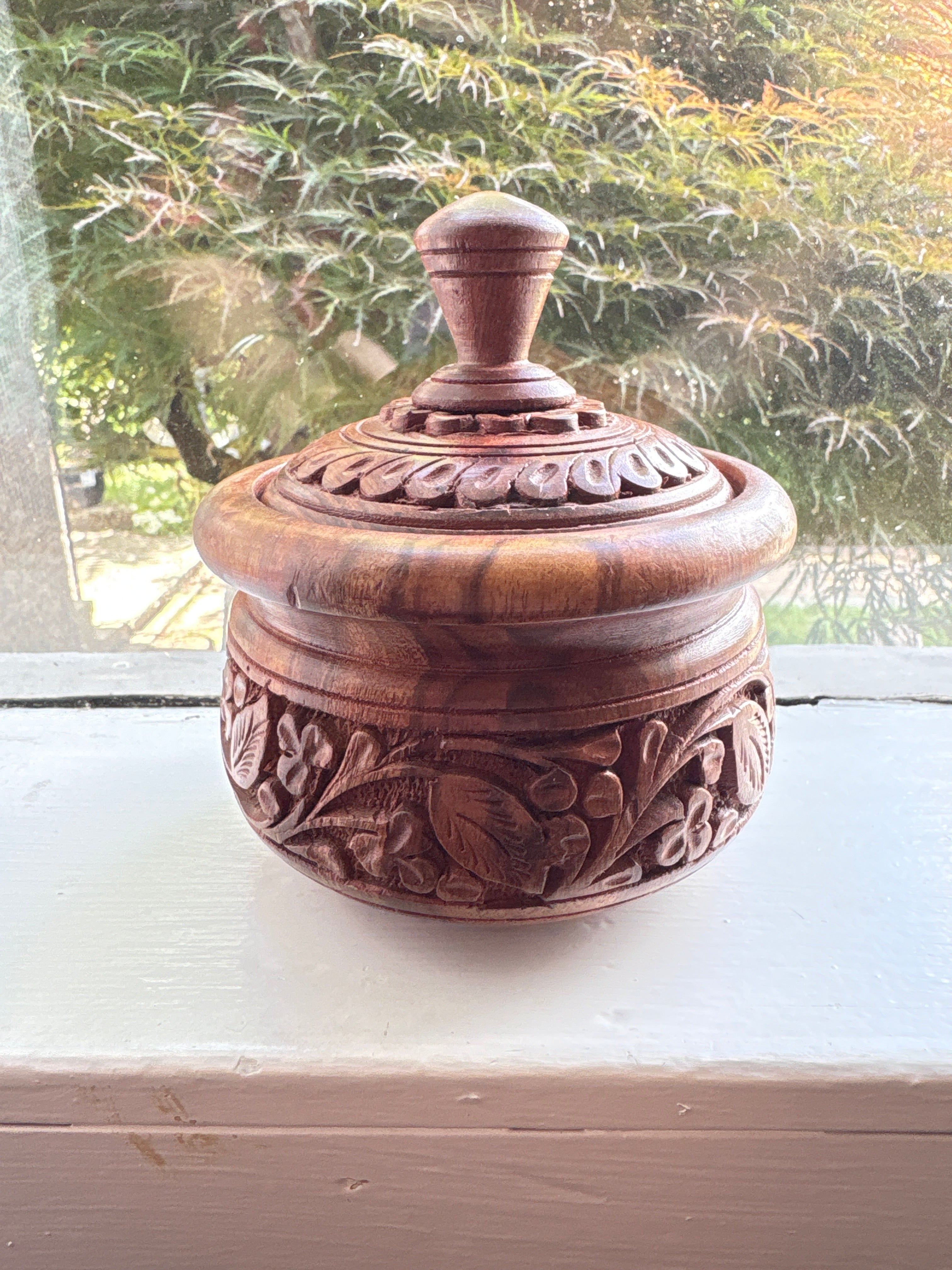 Vintage Hand-Carved Sheesham Wood Apothecary Jar