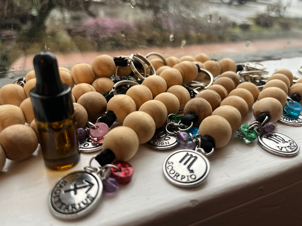 Wooden Zodiac Keychain w/ Amethyst