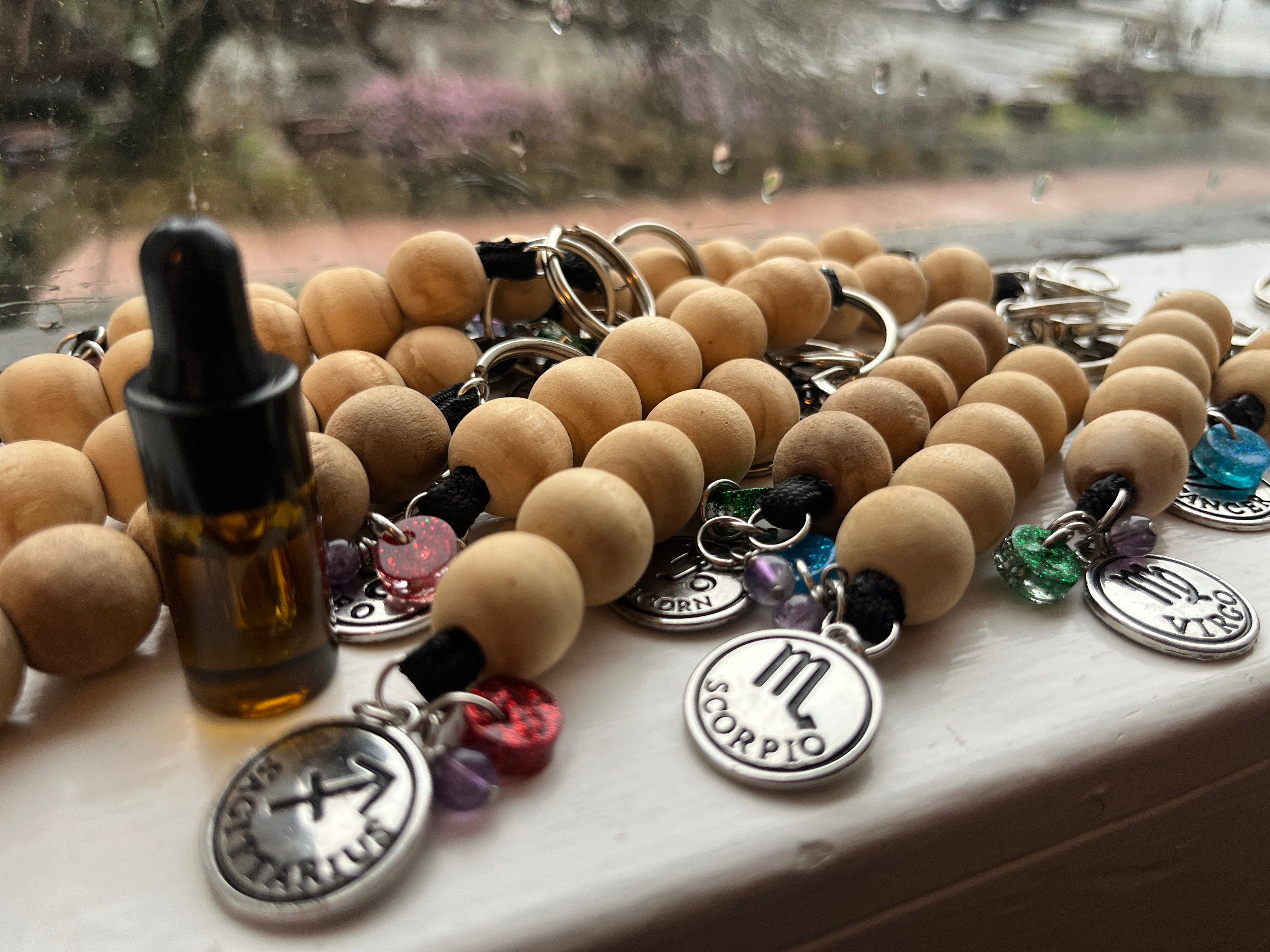 Wooden Zodiac Keychain w/ Amethyst