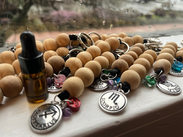 Wooden Zodiac Keychain w/ Amethyst