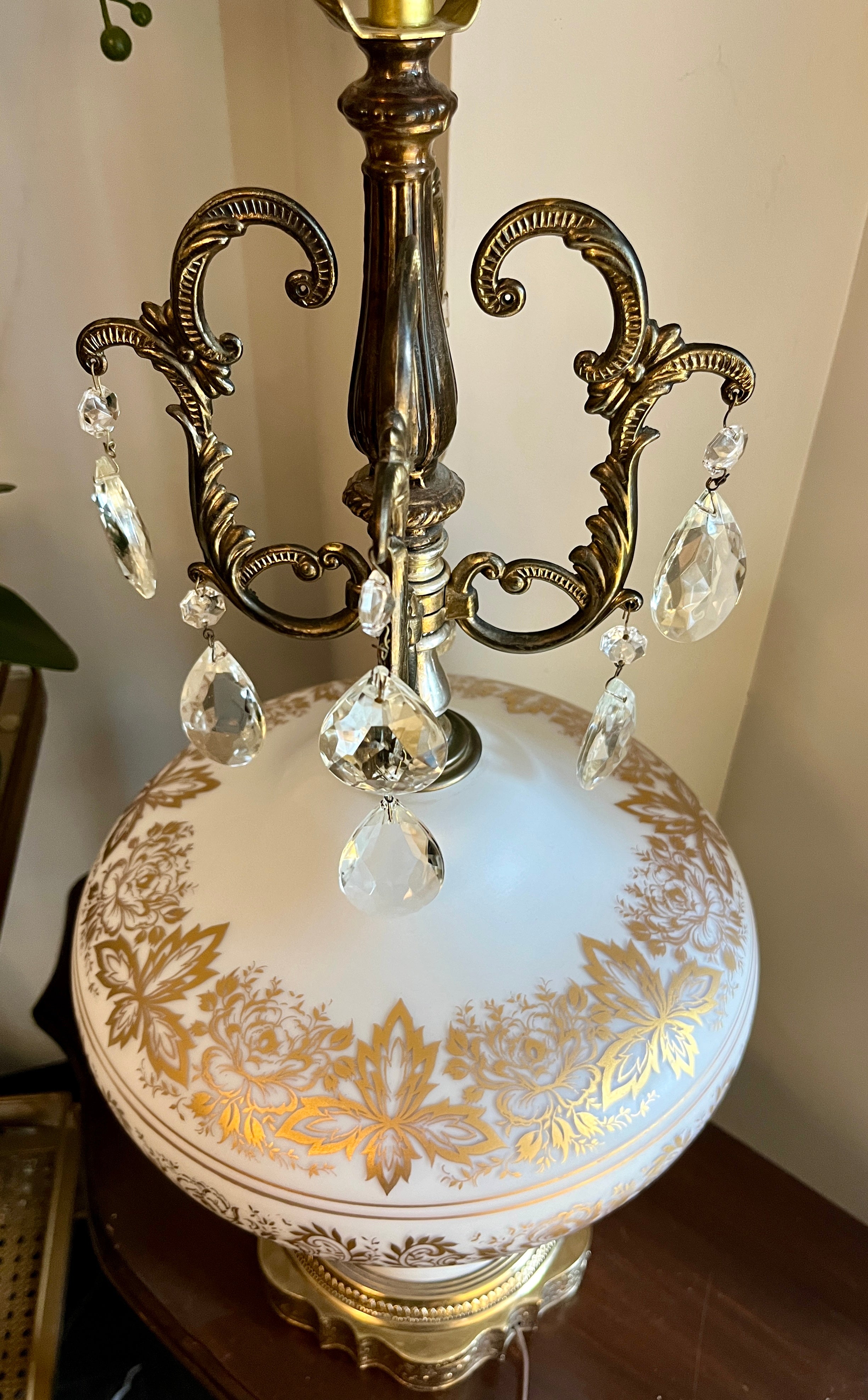 Vintage French Opaline Lamp w/ Gold Filigree & Marble Base