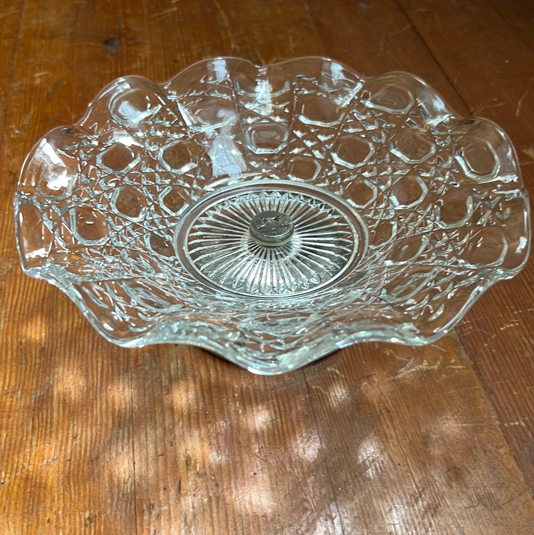 Vintage Silver Plated Falstaff Scalloped Pressed Glass Pedestal Dish