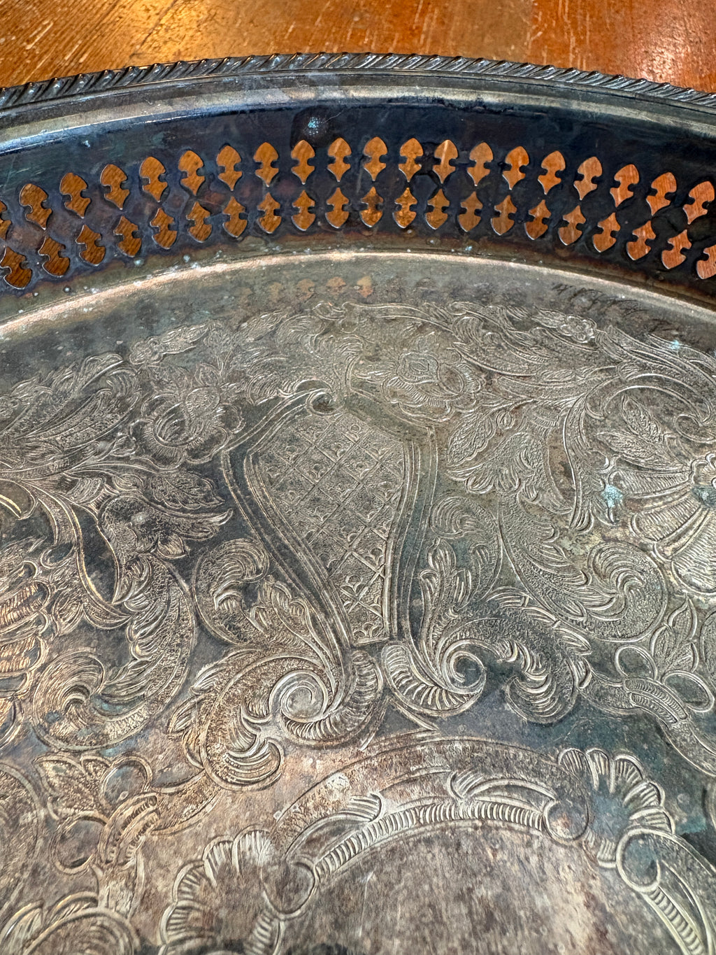 Vintage Silver-Plated Offering Tray – 12” Footed Gallery Tray