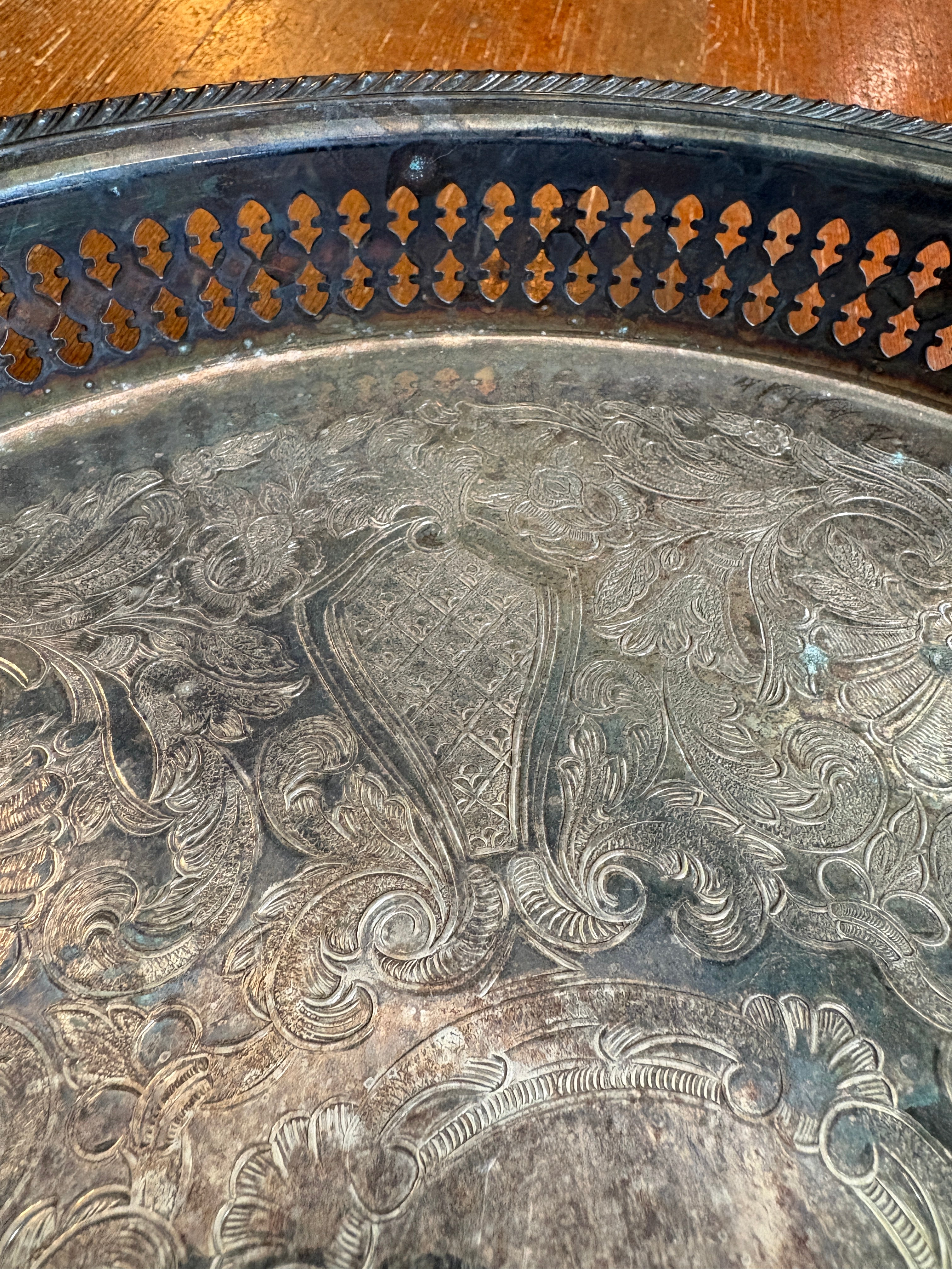 Vintage Silver-Plated Offering Tray – 12” Footed Gallery Tray