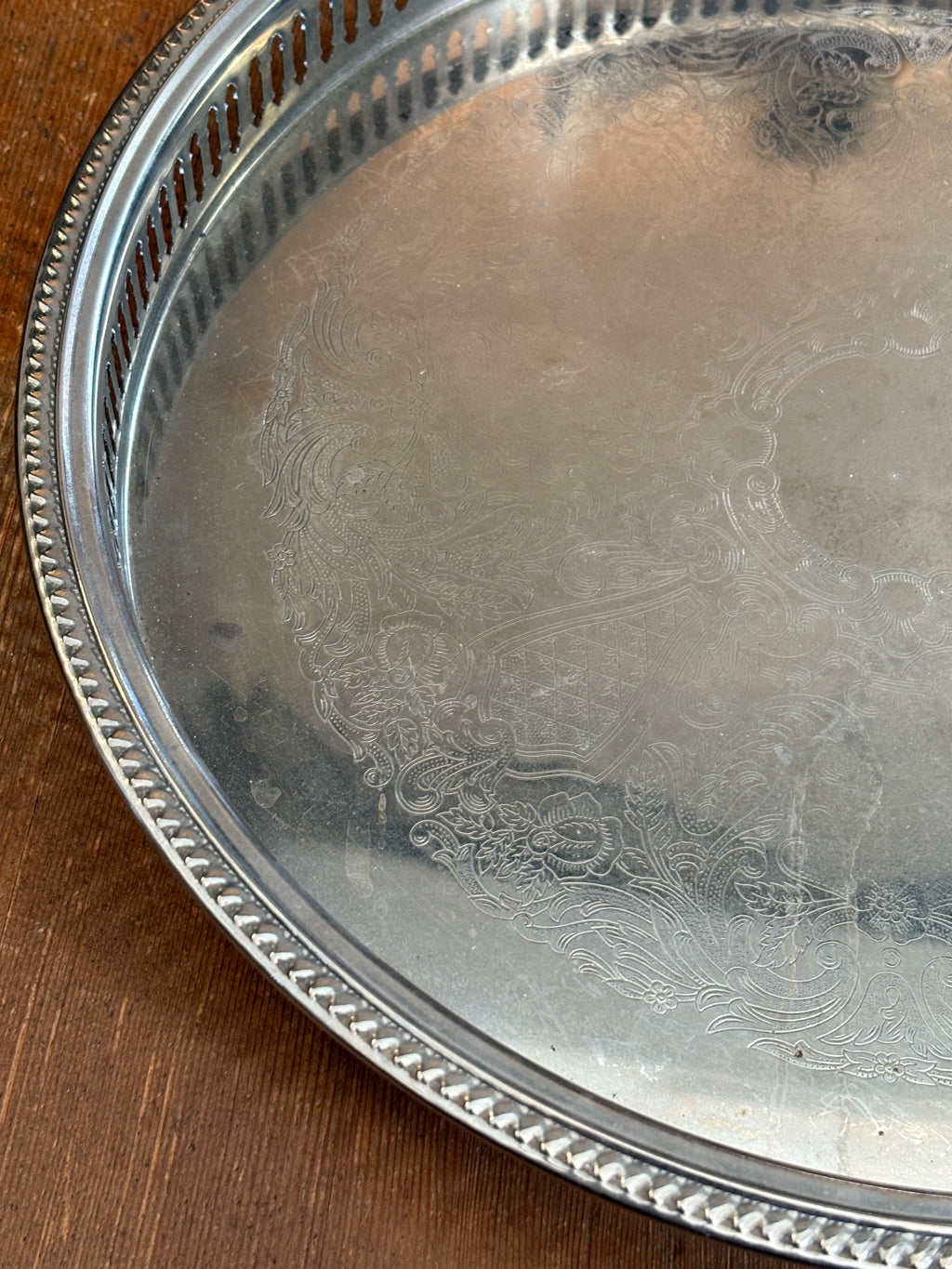 Vintage Silver-Plated Offering Tray – 12” Footed Gallery Tray
