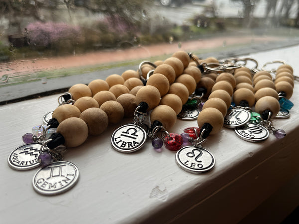 Wooden Zodiac Keychain w/ Amethyst