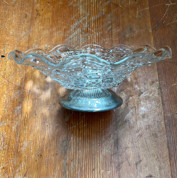 Vintage Silver Plated Falstaff Scalloped Pressed Glass Pedestal Dish