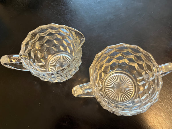 Vintage Jeannette Clear Cube Pattern Depression Glass Sugar & Creamer Set