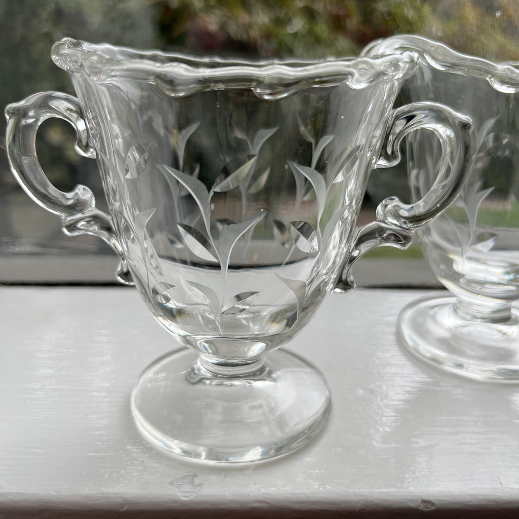 Vintage Fostoria Creamer and Open Sugar Bowl Set, Sprite Cut #823 Leaves