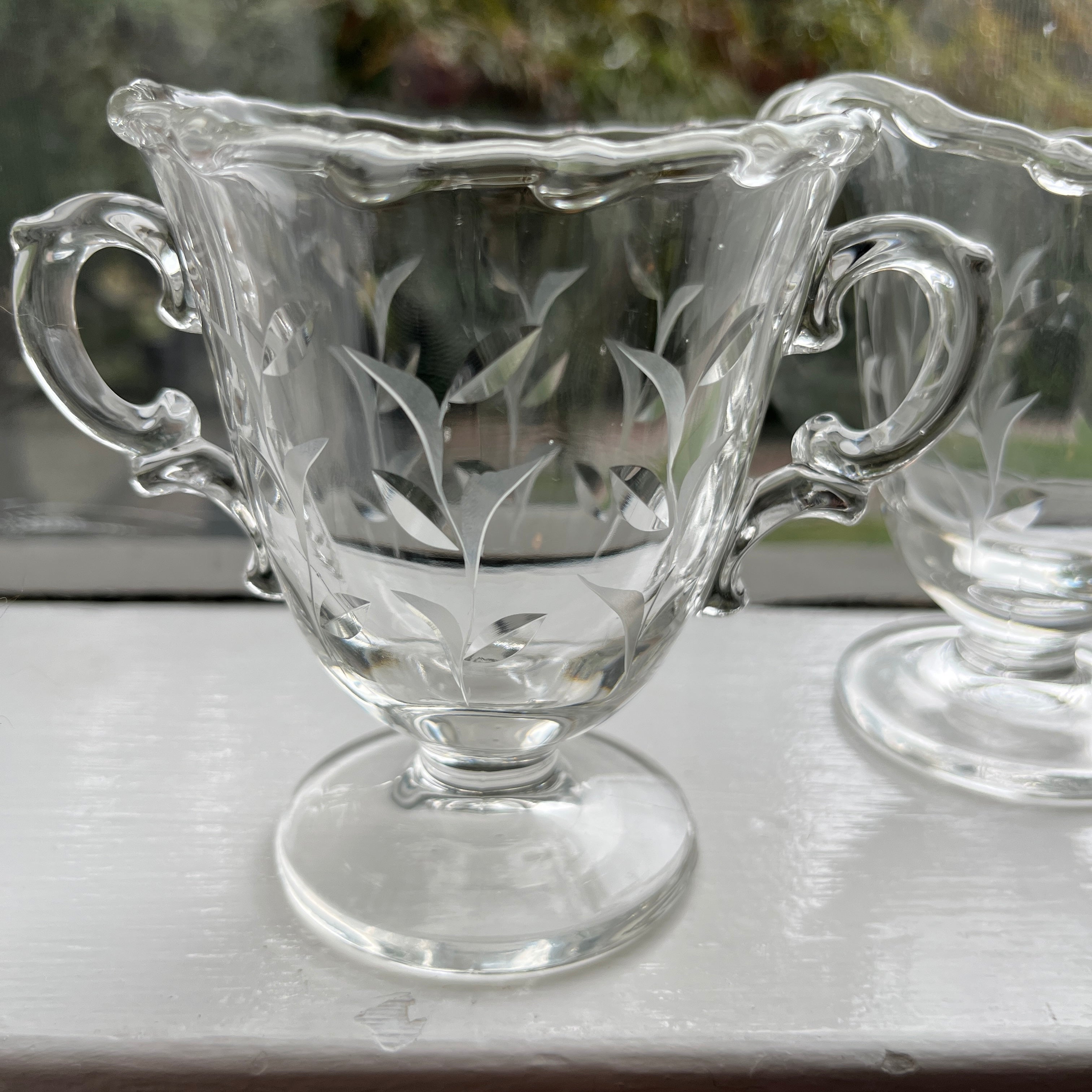Vintage Fostoria Creamer and Open Sugar Bowl Set, Sprite Cut #823 Leaves