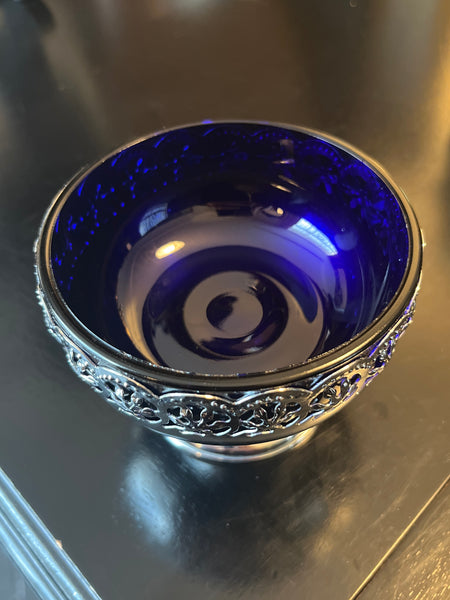 Vintage Cobalt Blue Stainless Steel Round Dish