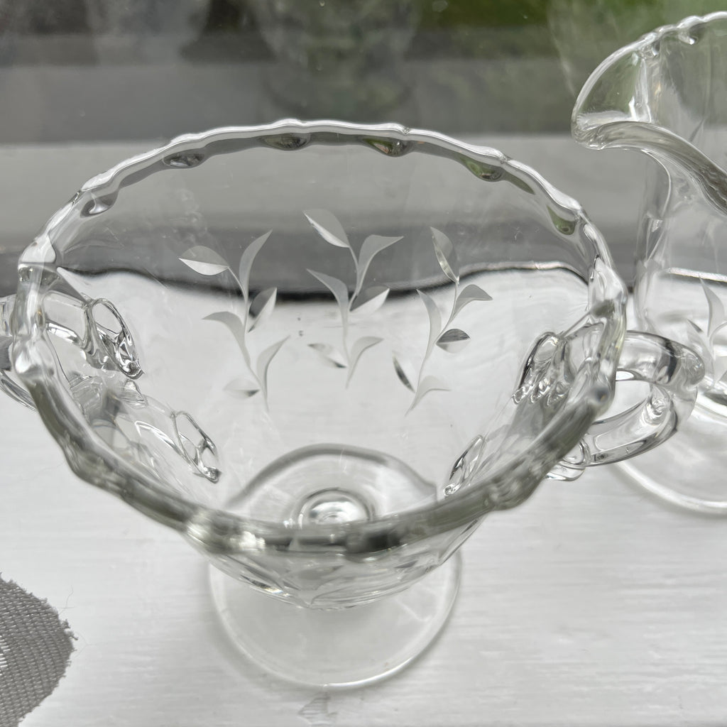 Vintage Fostoria Creamer and Open Sugar Bowl Set, Sprite Cut #823 Leaves