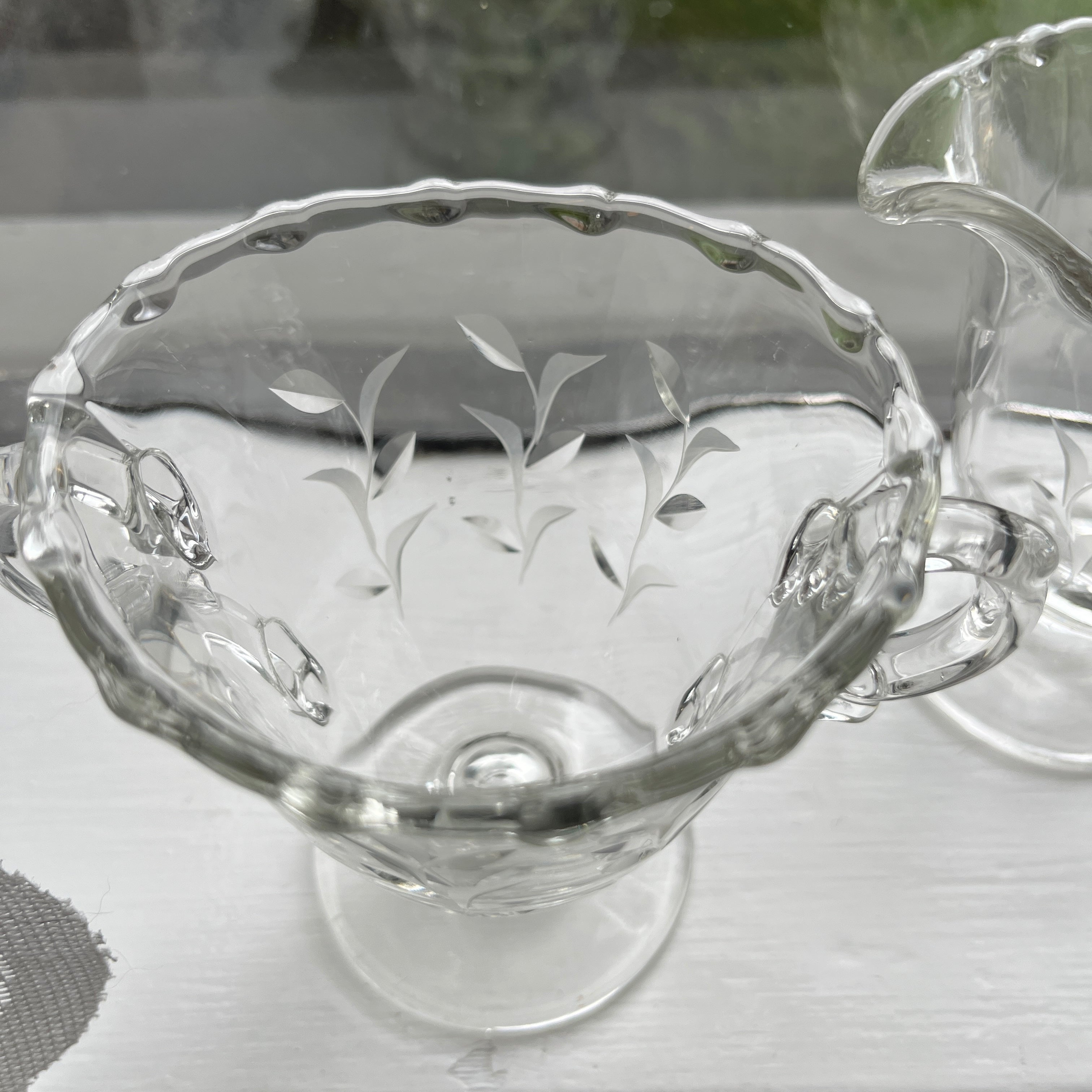 Vintage Fostoria Creamer and Open Sugar Bowl Set, Sprite Cut #823 Leaves