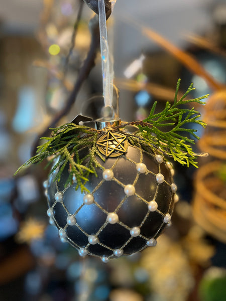 Matte Grey Glass Ornament w/ Gold Diamond Glitter & Pearls