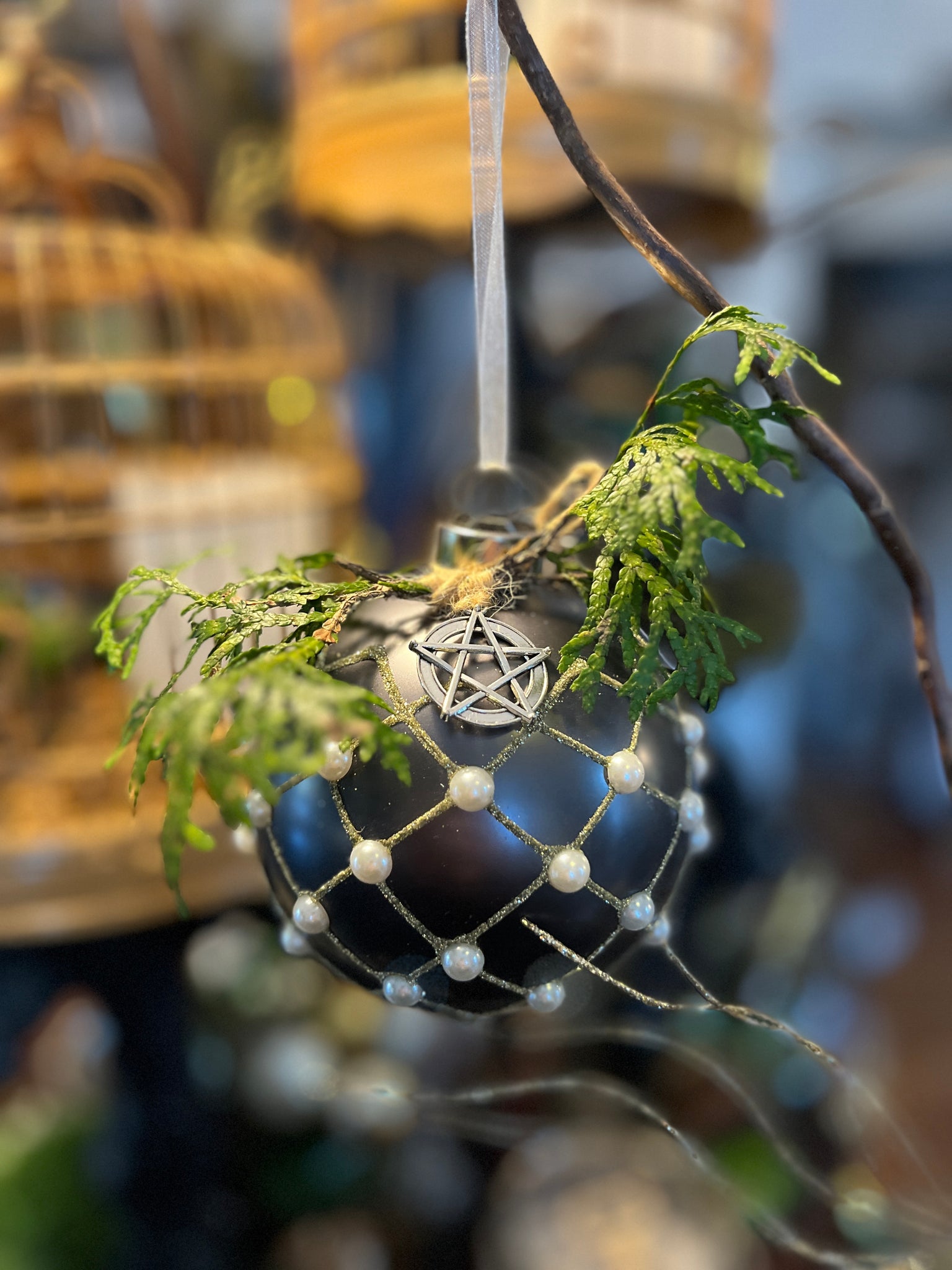 Matte Grey Glass Ornament w/ Gold Diamond Glitter & Pearls