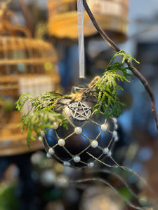 Matte Grey Glass Ornament w/ Gold Diamond Glitter & Pearls