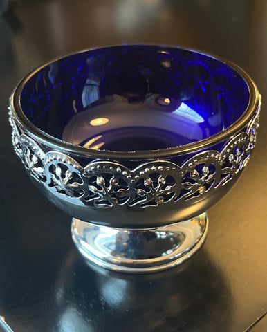 Vintage Cobalt Blue Stainless Steel Round Dish