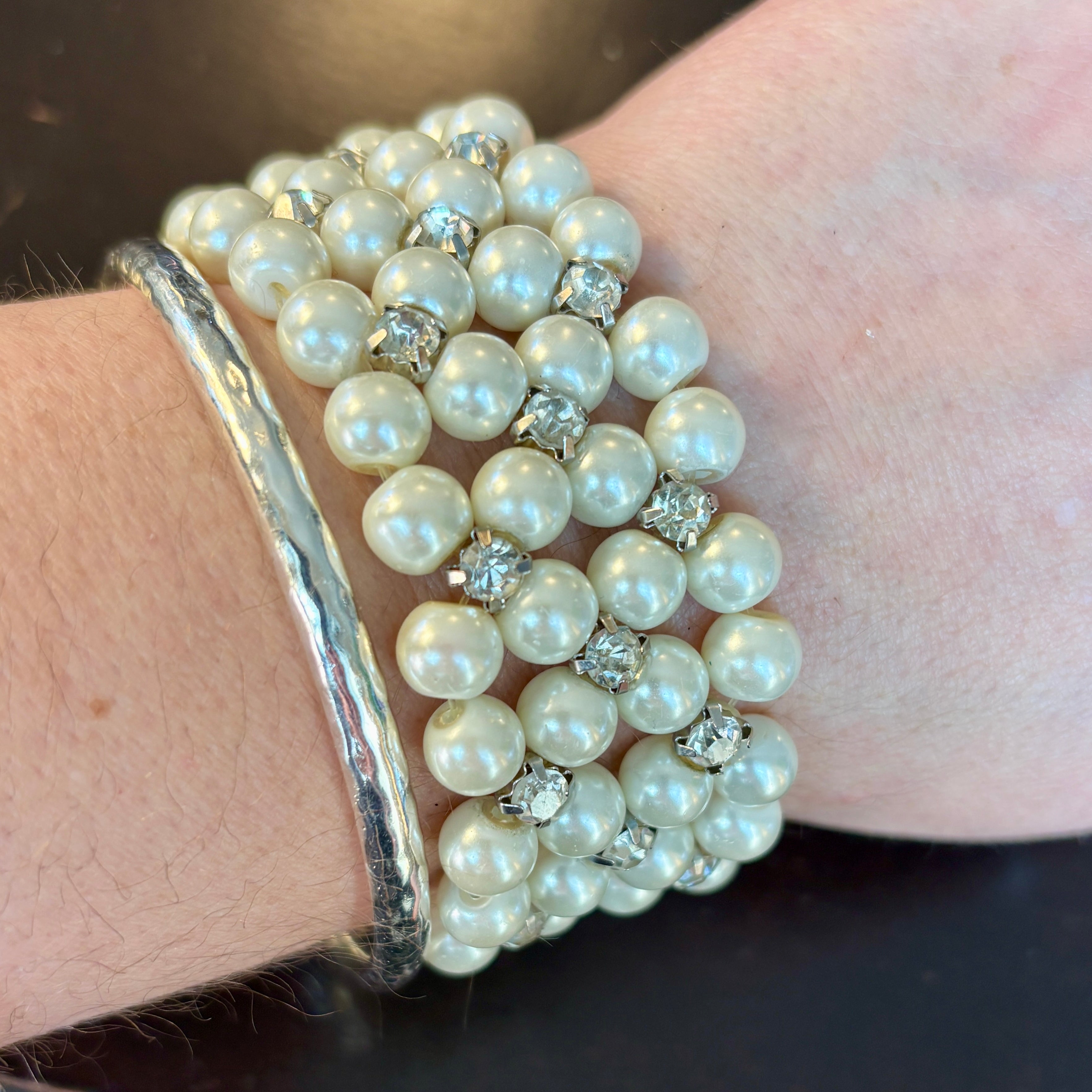 Vintage Faux Glass Pearl Cuff w/ Rhinestones