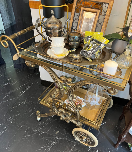 1950s Baroque Style Brass Bar Cart