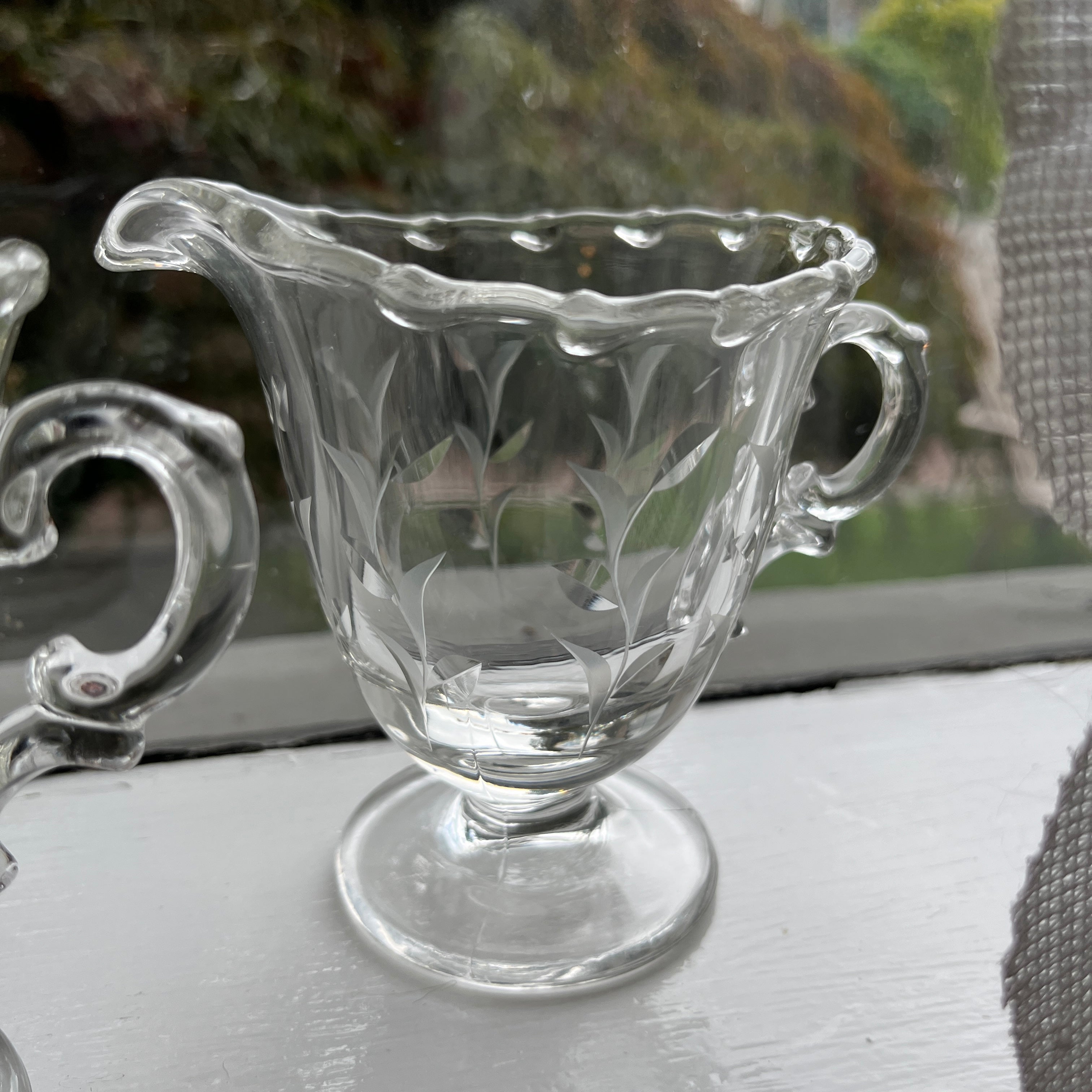 Vintage Fostoria Creamer and Open Sugar Bowl Set, Sprite Cut #823 Leaves